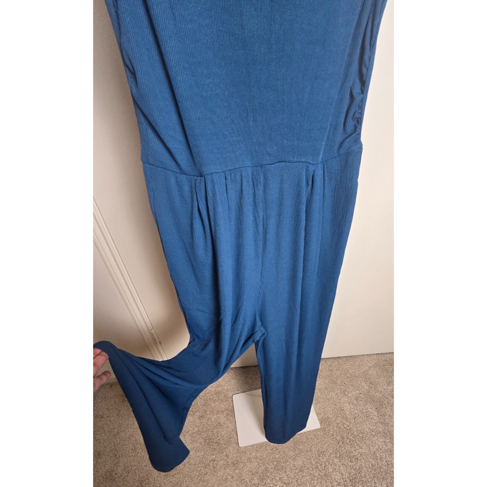 PRETTYGARDEN Teal Blue Green Ribbed Wide Leg Jumpsuit XL NWT Sleeveless Mock Nec - Picture 4 of 8